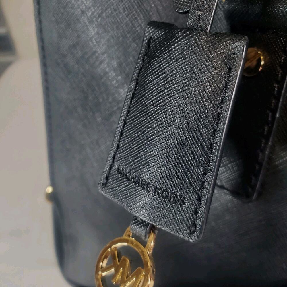 Michael Kors Hamilton Large Saffiano Leather Black Satchel Bag Gold Chain Purse - Picture 6 of 16